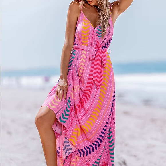 Cupshe Dresses & Skirts - Pink V-Neck Belted Maxi Dress